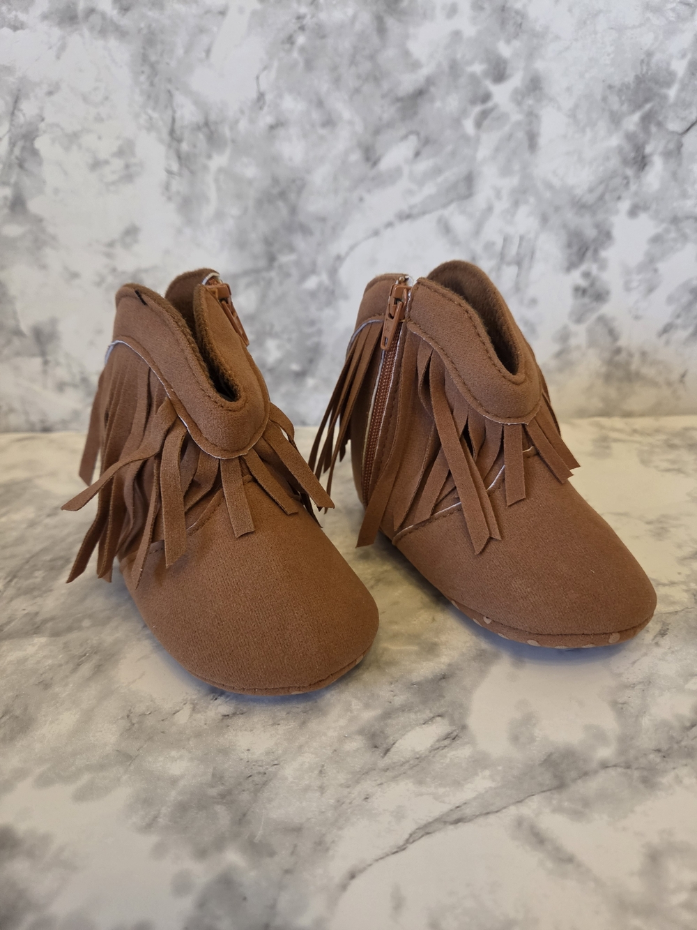 Baby Fringe Moccasin Booties in Brown - Soft Slip-Ons, Size 6 To 12 Months